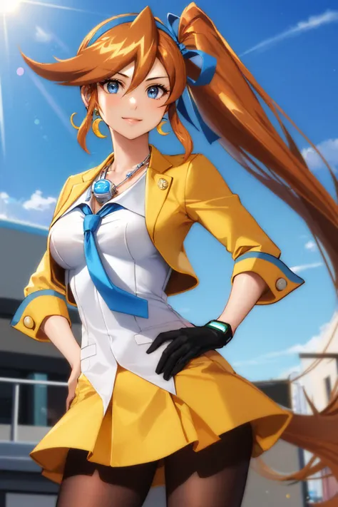 (masterpiece, best quality:1.2), solo, 1girl, athena cykes, smile, looking at viewer, hand on hip, side ponytail, hair ribbon, yellow jacket, blue necktie, single glove, yellow skirt, pantyhose, jewelry, necklace, crescent earrings <lora:aa_athenacykes_v11:1.0>