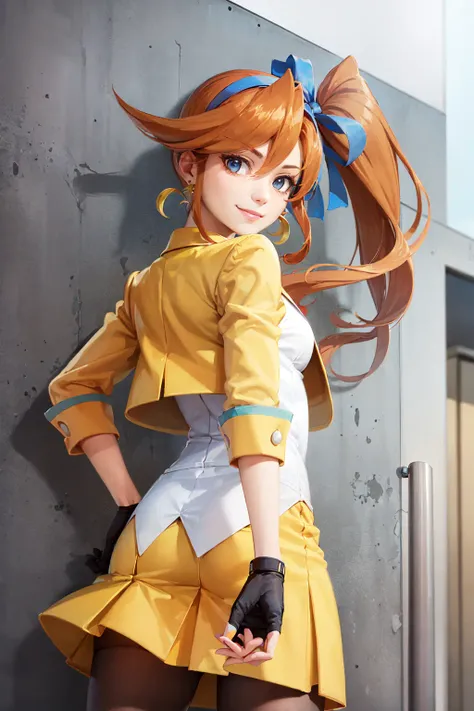 (masterpiece, best quality:1.2), <lora:aa_cykes-10:0.8>, from behind, solo, 1girl, athena cykes, smile, looking back, orange hair, open clothes, yellow jacket, collared shirt, blue necktie, yellow skirt, pantyhose, single glove, partially fingerless gloves, single earring, crescent earrings