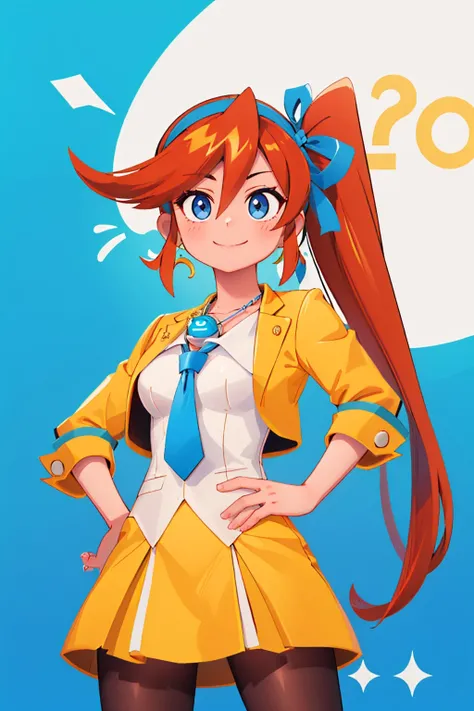 2000s anime cels style, Cartoon style of the 2000lat color:1.2), vivid colors, retro anime, 2000s anime, 2000s anime, early 2000's inspired anime, early 2000's esthetics, asuka, 1girl, solo, long_hair, smile, blue_eyes, brown_hair, dress, sky, choker, day, cloud, orange_hair, hand_on_hip, sundress, yellow_dress, interface_headset