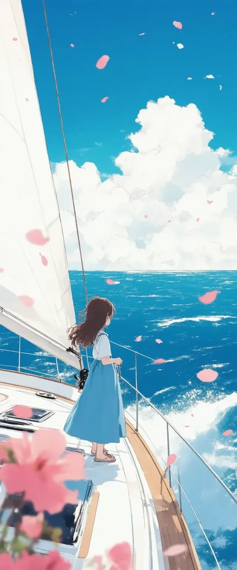 An illustration of a young girl standing on the deck of a boat. the boat is sailing on the water, with a large white sail billowing in the wind. the sky is filled with fluffy white clouds, and there are pink flowers floating around the boat. she is wearing a blue dress and has long brown hair. the girl is looking out towards the horizon, as if she is admiring the view. the overall mood of the image is peaceful and serene.