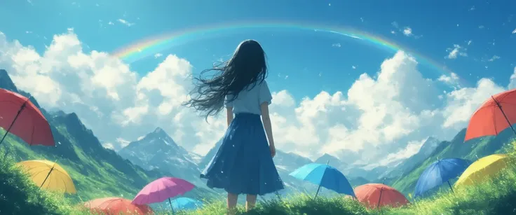 An illustration of a girl standing on top of a mountain with her back to the viewer. she is wearing a blue dress and has long dark hair that is blowing in the wind. the sky is filled with fluffy white clouds and there are several colorful umbrellas scattered around her. the mountains in the background are covered in green grass and there is a rainbow arching across the sky. the overall mood of the image is peaceful and serene.