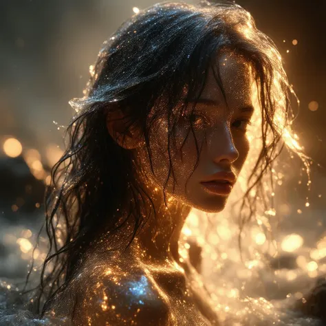 A photorealistic 4K image of a woman with transparent, crystal-like skin, glowing from within with a soft golden light, her hair flowing like liquid metal, surrounded by an aura of shimmering particles. , RAW photo, subject, 8k uhd, dslr, soft lighting, high quality, film grain, Fujifilm XT3, 4K, photorealistic, High dynamic range, vivid, rich details, clear shadows and highlights, realistic, intense, enhanced contrast, highly detailed, long shot scenic professional photograph of , perfect viewpoint, highly detailed, wide-angle lens, hyper realistic, with dramatic sky, polarizing filter, natural lighting, vivid colors, everything in sharp focus, HDR, UHD, 64K