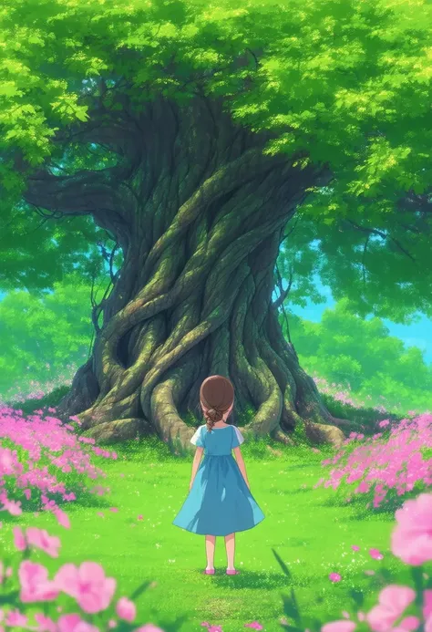 An illustration of a young girl standing in front of a large tree with green leaves. the background is filled with pink flowers and green grass. the tree trunk is twisted and gnarled, creating a tunnel-like structure. she is wearing a blue dress and has brown hair tied up in a bun. the overall mood of the image is peaceful and serene.