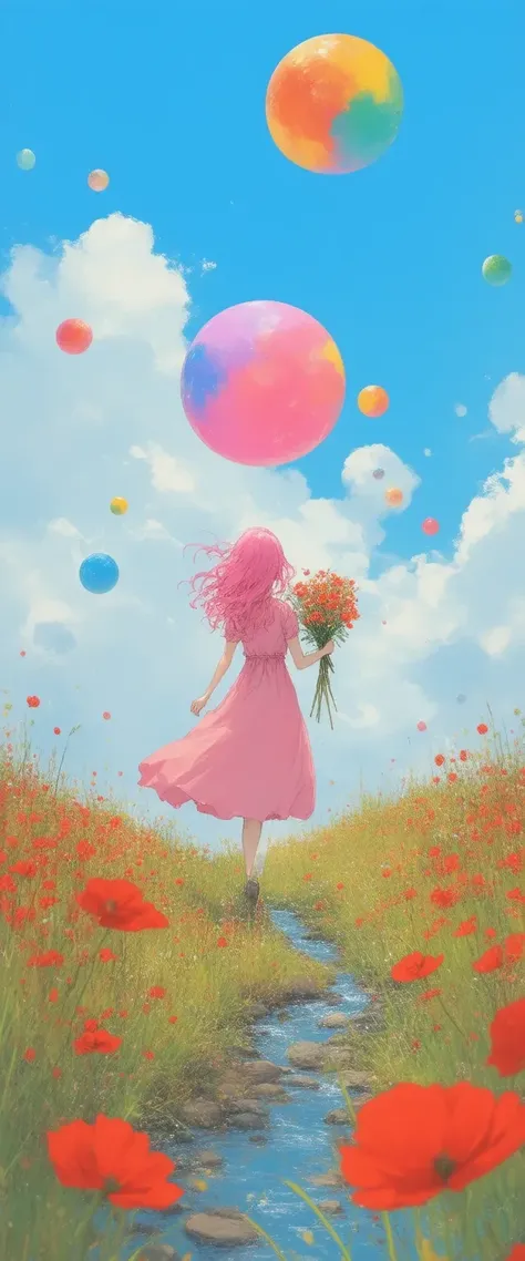 An illustration of a girl with pink hair walking through a field of red flowers. the field is filled with tall grass and wildflowers, and there is a small stream running through it. the girl is wearing a pink dress and has long pink hair that is flowing in the wind. the background is a blue sky with white clouds and there are several large, colorful spheres floating above the girl. she is holding a bouquet of flowers in her hands and appears to be walking towards the right side of the image. the spheres are of different sizes and colors, including pink, orange, yellow, green, blue, and purple. they appear to be floating in the air, creating a sense of movement and energy.