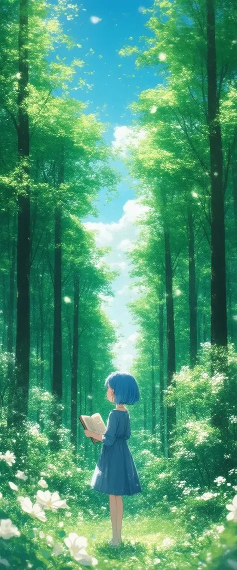 An illustration of a young girl standing in the middle of a lush green forest. the background is filled with tall trees and bushes, and there are white flowers scattered throughout the scene. she is wearing a blue dress and has short blue hair. the girl is holding a book in her hands and appears to be reading it intently. the sky is blue with a few clouds, and the overall mood of the image is peaceful and serene.