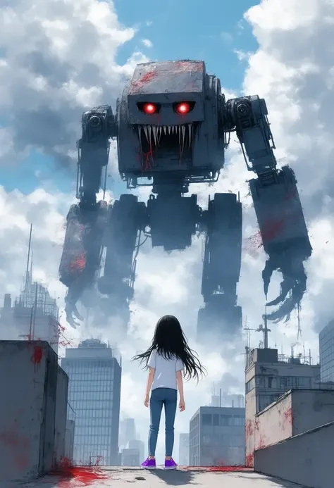 An illustration of a young girl with long dark hair and red eyes. the sky is filled with clouds and there are buildings and skyscrapers visible in the distance. the creature appears to be attacking the girl with its arms outstretched. the girl is standing on a rooftop with a cityscape in the background. in the foreground, there is a large robot-like creature with red eyes and sharp teeth. she is wearing a white t-shirt, blue jeans, and purple sneakers. it has a menacing expression on its face and its body is covered in blood splatters.