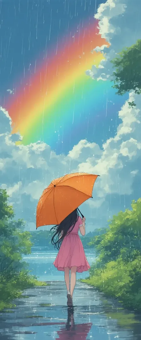 An illustration of a girl walking on a wet road with an orange umbrella. in the background, there is a rainbow arching over a body of water with trees and bushes on either side. she is wearing a pink dress and has long dark hair. the sky is filled with colorful clouds and there are raindrops falling from the sky. the overall mood of the image is peaceful and serene.