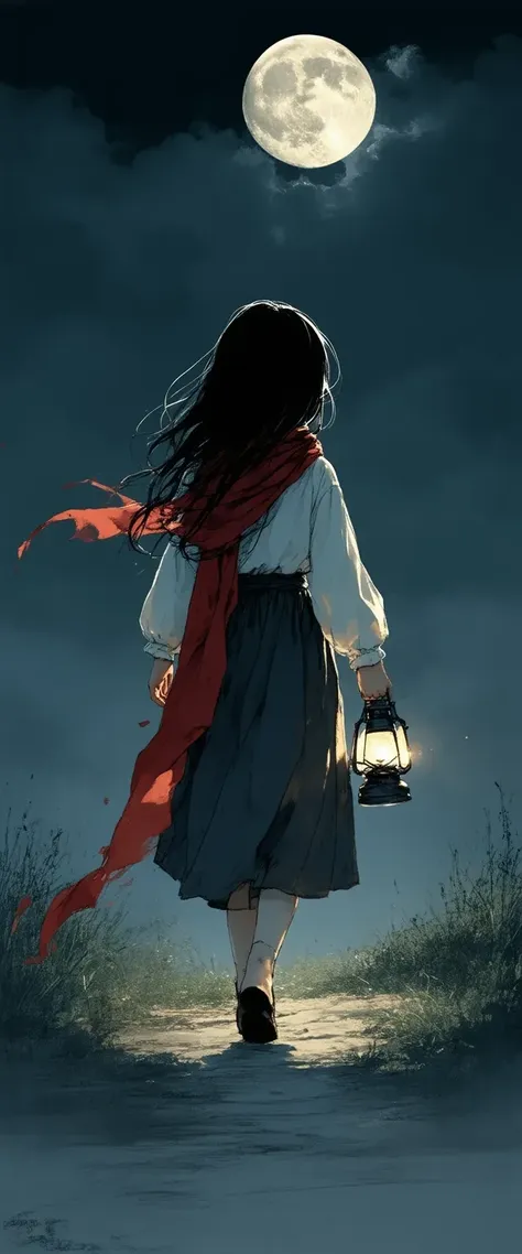 An illustration of a young girl with long black hair, wearing a white shirt and a red scarf around her neck. the background is dark and cloudy, with a full moon visible in the top right corner. the girl's shadow is cast on the ground below her, creating a sense of depth and movement. she is holding a lantern in her hand and appears to be walking towards the right side of the image. the overall mood of the illustration is peaceful and serene.