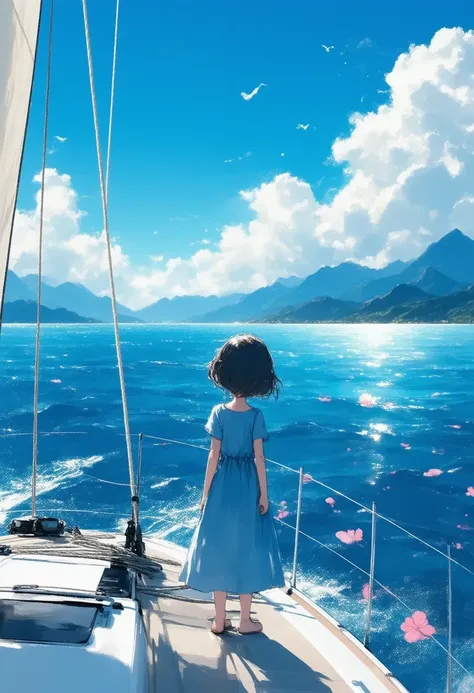 An illustration of a young girl standing on the deck of a sailboat. the boat is sailing on the horizon, with mountains visible in the distance. the sky is filled with fluffy white clouds and there are pink flowers floating in the water below. she is wearing a blue dress and has her back to the viewer, looking out at the vast expanse of the ocean. the overall mood of the image is peaceful and serene.