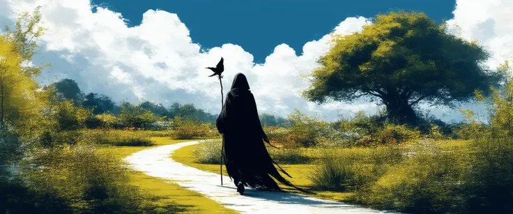 An illustration of a person walking through a garden. they are walking on a path that winds through the garden, which is filled with various plants and trees. the person is wearing a long black cloak and carrying a staff with a bird on it. the garden is surrounded by tall grasses and shrubs, and there is a large tree in the background. the sky is blue with white clouds, and the overall mood of the image is peaceful and serene.