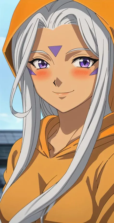 Urd, 1girl, solo, purple color eyes, portrait, upper body, close up, big breasts, absurdly long hair, (blue forehead markings), (((fluffy orange hoodie))), smiling, blushing, perfect quality, good quality, masterpiece, HDR, UHD <lora:Urd:0.8>