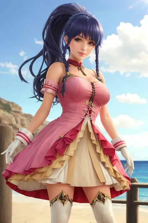 (hyperrealism:1.2), BREAK tana_fe, skirt, white thighhighs, white gloves, pauldrons, pink dress, BREAK (8K UHD:1.2), (photorealistic:1.2)