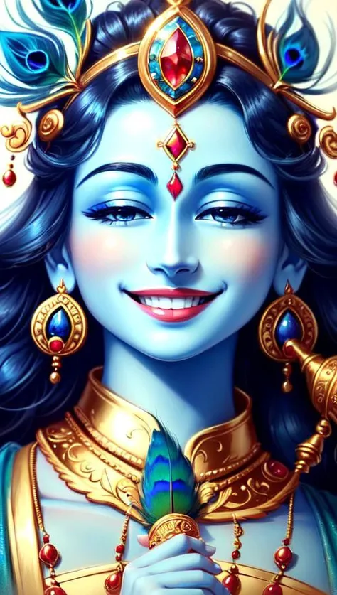 <lora:ancientstyle_model-000008:0.5> ancientstyle Lord Krishna, Hindu God, playing flute, blue skin, peacock feather in head, blessing at the viewer, (smiling:1.4), heavenly blue aura in background, (closeup shot:1.8), artstation, digital art