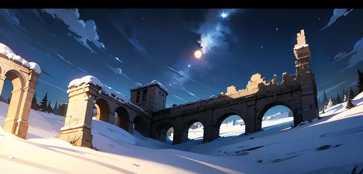 <lora:evulchiVi:0.9>, evulchibi,
(masterpiece, best quality), flying ruins of an ancient castle, snow, outdoors, letterboxed, night, sky, cloud, black hair, moonlight, blue flower, blurry, starry sky, depth of field