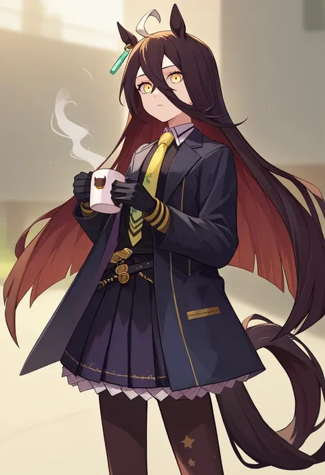 score_9, score_8_up, score_7_up, source_anime, rating_safe, solo, 1girl, manhattancafe, expressionless, looking at viewer, holding coffee mug, ahoge, black jacket, shirt, necktie, black gloves, skirt, pantyhose, single earring, horse tail <lora:umamusume_manhattancafe_ponyXL:1>