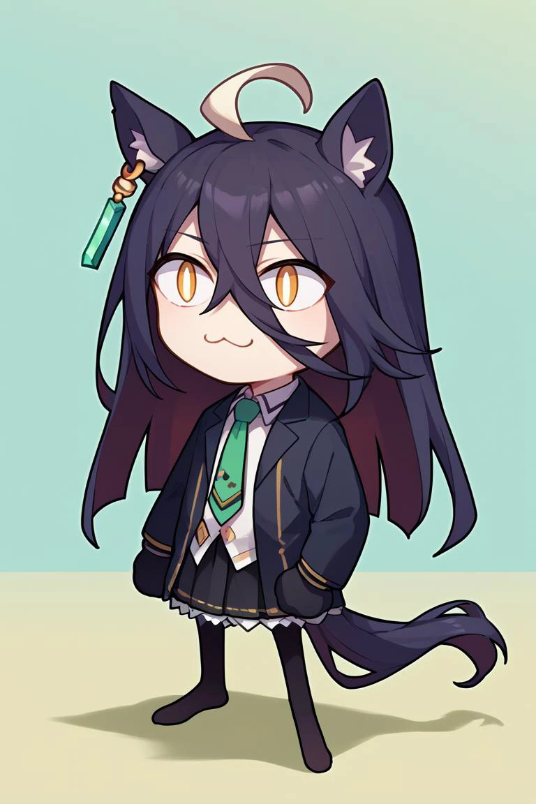 score_9, score_8_up, score_7_up, score_6_up, score_5_up, score_4_up, BREAK, solo, <lora:necoarc-guy-PONY-v1:.95>, necoarc, lit pupils, cat ears, chibi, :3, abstract background, full body, <lora:umamusume_manhattancafe_ponyXL:0.9> manhattancafe, ahoge, horse tail, black jacket, shirt, necktie, black gloves, skirt, pantyhose, single earring
