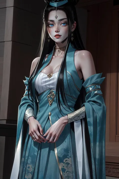 (masterpiece, best quality), intricate details, (fractal art:1.2),
(1girl), <lora:suqingge:0.8> suqingge, 1girl, solo, long hair, black hair, dress, bare shoulders, jewelry, earrings, chinese clothes, cleavage, hair ornament, large breasts, blue eyes, detached sleeves, hanfu,
<lora:yamiyami:0.8>