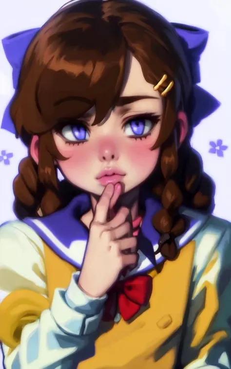best_quality, masterpiece, 1girl, braid, solo, hair_ornament, long_hair, brown_hair, hair_flower, upper_body, bow, flower, blush, looking_at_viewer, purple_eyes, twin_braids, parted_lips, school_uniform, purple_bow, bowtie, brown_shirt, long_sleeves, shirt, plaid, white_sailor_collar, sailor_collar, serafuku, bangs, signature, purple_bowtie, holding_hair, floral_background, hairclip, hair_ribbon <lora:gl055y:0.8>