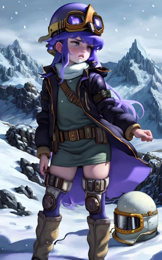 (best quality, masterpiece:1.1), (Intricate detailed:1.2), close up, (1girl), sad face, purple hair, absurdly long hair, pointy hair, black jacket, boots, (helmet, goggles:1.2) ( snowy mountaintop, winter clothes, standing on a rock) in the background,<lora:gl055y:0.8>