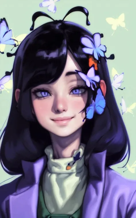 1girl, solo, looking at viewer, smile, black hair, hair ornament, closed mouth, purple eyes, jacket, purple hair, bug, butterfly, portrait, butterfly hair ornament, haori, colorful <lora:gl055y:0.8>