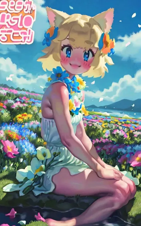 8K, 1girl, petit, cat ears, :o, smile, (blush:1.2), (shy), bare foots, (sitting by the water) looking at viewer, wind, (ground of flowers, thousand of flowers, colorful flowers, flowers around her, various flowers:1.4), (beautiful blue sky), (movie poster), game cg, fantastic scenery, <lora:gl055y:1>