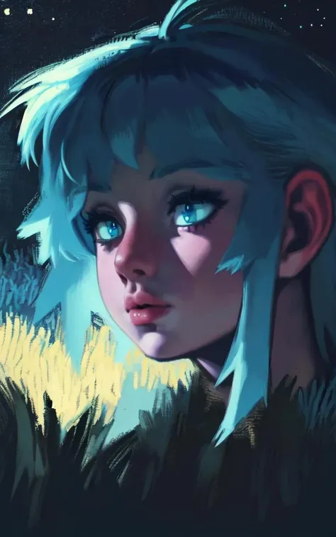 masterpiece, best quality, detailed, 1girl, face focus, long cyan hair, blue eyes, hair ornament, lavender field, stars, starry night, dark lighting <lora:gl055y:1>