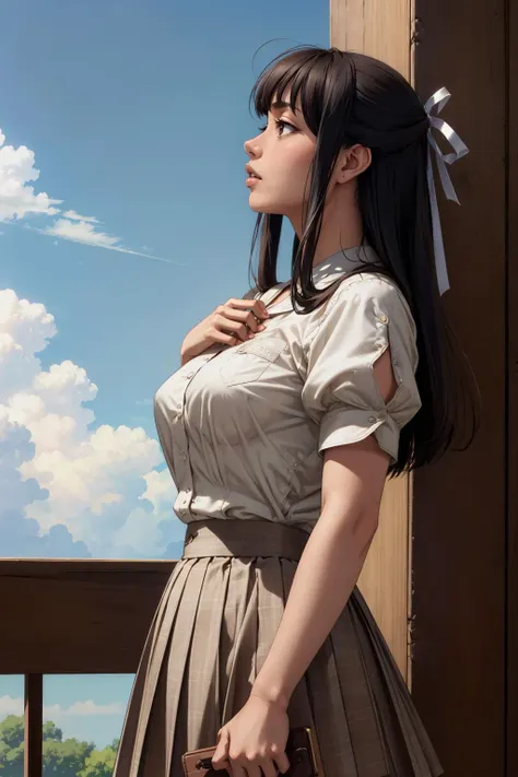 masterpiece, best quality, <lora:migiwakazuha-nvwls-v1-000009:0.9> migiwa kazuha, hair ribbon, white shirt, short sleeves, pleated skirt, profile, sky, looking up, hand on own chest