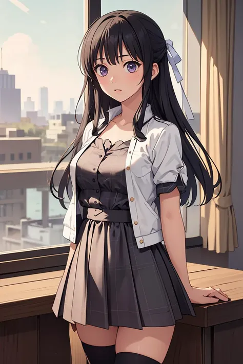 (masterpiece, best quality), 1girl,   <lora:migiwakazuha-nvwls-v1:0.8> migiwa kazuha, hair ribbon, white shirt, short sleeves, plaid skirt, black thighhighs, hair ribbon, purple dress, white jacket