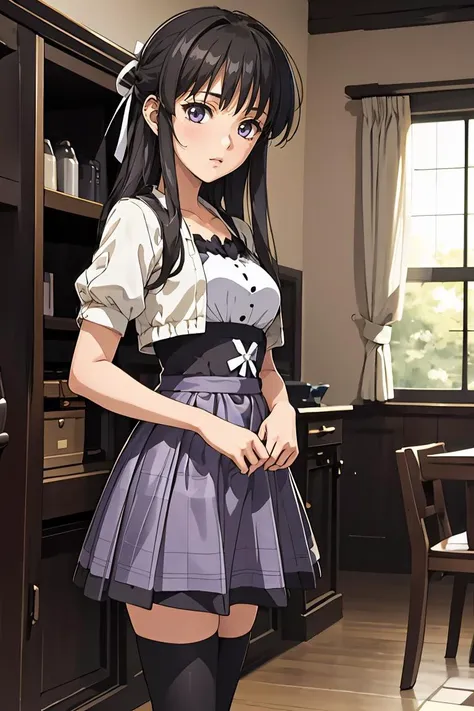 (masterpiece, best quality), 1girl,   <lora:migiwakazuha-nvwls-v1:0.8> migiwa kazuha, hair ribbon, white shirt, short sleeves, plaid skirt, black thighhighs, hair ribbon, purple dress, white jacket