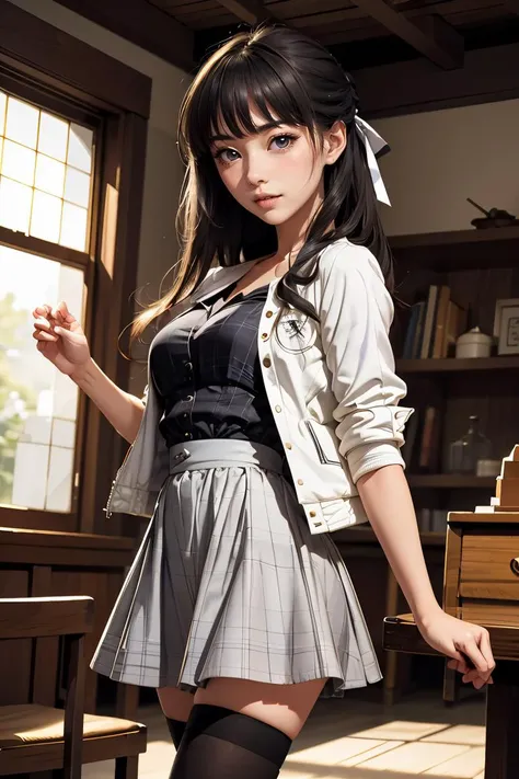 (masterpiece, best quality), 1girl,   <lora:migiwakazuha-nvwls-v1:0.8> migiwa kazuha, hair ribbon, white shirt, short sleeves, plaid skirt, black thighhighs, hair ribbon, purple dress, white jacket