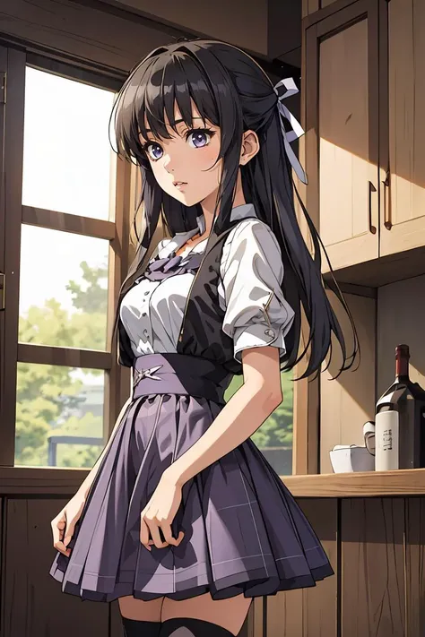 (masterpiece, best quality), 1girl,   <lora:migiwakazuha-nvwls-v1:0.8> migiwa kazuha, hair ribbon, white shirt, short sleeves, plaid skirt, black thighhighs, hair ribbon, purple dress, white jacket