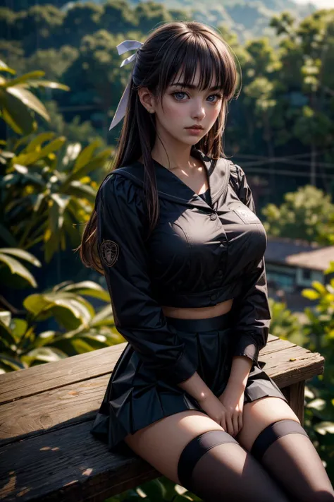 (ultra realistic,32k, masterpiece:1.2),(high detailed skin:1.1),( high quality:1.1),
<lora:migiwakazuha-nvwls-v1:0.8>migiwa kazuha, hair ribbon, black serafuku, black shirt, long sleeves, black skirt, white thighhighs,An environment with a very vast and very humid fauna, blurry background,,(looking at viewer, sitting, crossed legs, from above:1.1),, huge breast,large breast,<lora:add_detail:0.88>,
(moody lighting:1.1),