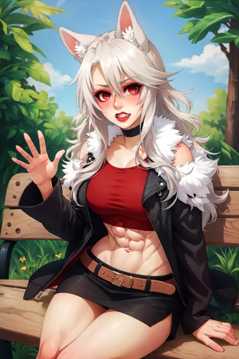 (masterpiece, best quality, absurdres), 1girl, solo, ferania, cowboy shot, red lips, makeup, <lora:Ferania_V1-mani:0.8>, sitting, looking at viewer, waving, blush, embarrassed, fangs, choker, fur trim, black jacket, red crop top, black gloves, belt, black miniskirt, toned, midriff, abs, outdoors, park bench