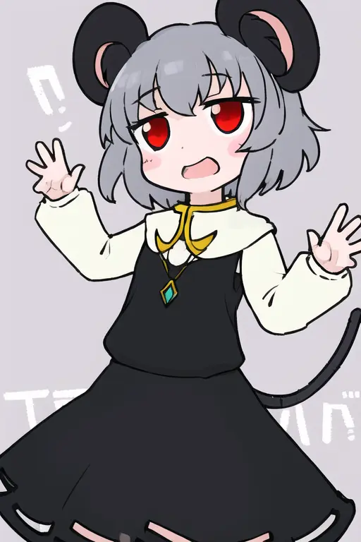 1girl,solo,
<lora:NYN_V10:0.85>,NYN,mouse ears,red eyes,black dress,black skirt,white sleeves,blue pendant, open mouth,laugh