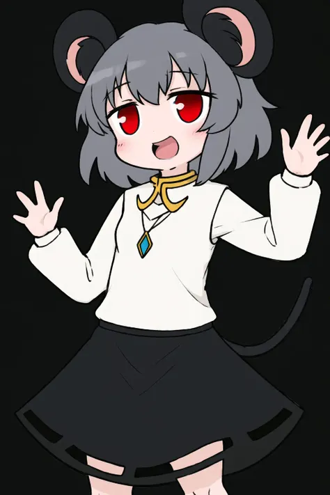 1girl,solo,
 <lora:NYN_V10:0.85>,NYN,mouse ears,red eyes,black dress,black skirt,white sleeves,blue pendant, open mouth,laugh