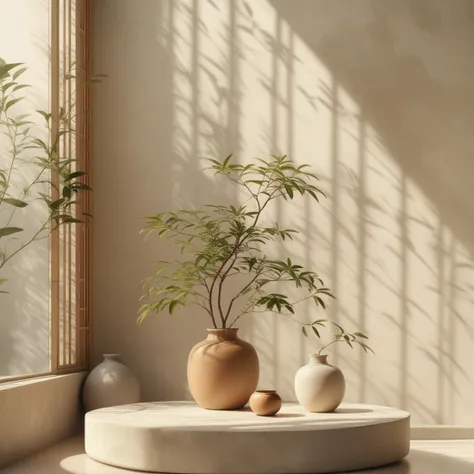 no humans, plant, vase, scenery, still life, tree, potted plant, sunlight, indoors, window, flower pot,<lora:dianshangzhantaiXL:1>,