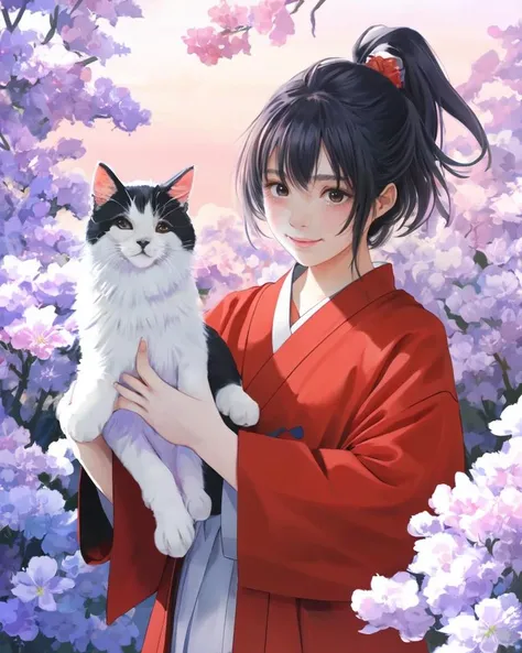 dal, 2d, anime, flat color, (intricate detail:1.2), 1girl, animal, black_eyes, black_hair, blush, cat, flower, happy, hydrangea, japanese_clothes, kimono, konchiki, long_hair, original, ponytail, smile, solo, ajax red theme,