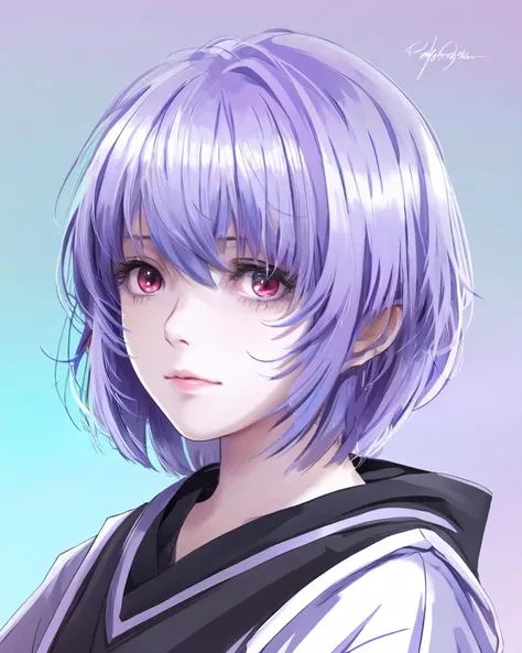 dal, 2d, anime, flat color, (intricate detail:1.2), 1girl, asagami_fujino, bangs, blunt_bangs, gift, highres, kara_no_kyoukai, photoshop_(medium), purple_hair, red_eyes, solo, vector_trace,, silver theme,