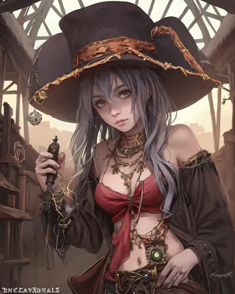 dal, 2d, anime, flat color, (intricate detail:1.2), 1girl, Witch doctor, shrunken head necklace with a protective charm, voodoo doll with a stitched name, cauldron with bubbling potion, medicine bag with a variety of herbs, jungle hut with a hidden room for rituals, Wild west town, dusty streets, swinging saloon doors, creaking wagons, gun-slinging outlaws, __fantasy situation__, green theme,