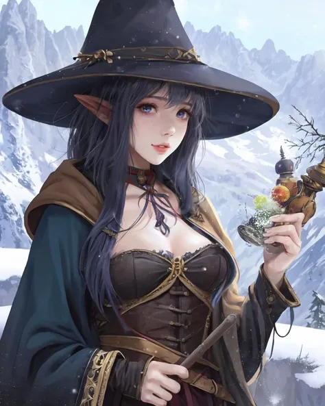 dal, 2d, anime, flat color, (intricate detail:1.2), 1girl, Witch, black hat with a pointed brim, broomstick with a carved handle, spellbook with a variety of spells, potion bottles with various ingredients, enchanted forest with a hidden witch hut, Towering, snow-capped mountain range, shrouded in mist and dotted with ancient ruins, __fantasy situation__, antique brass theme,