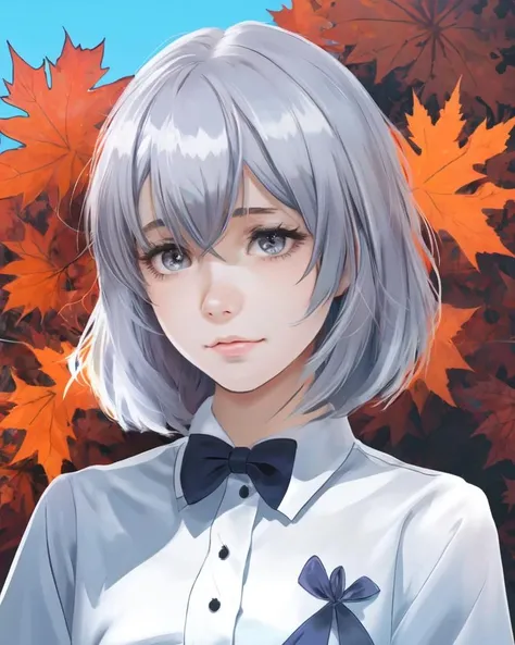 dal, 2d, anime, flat color, (intricate detail:1.2), 1girl, aqua_bow, aqua_bowtie, asymmetrical_bangs, asymmetrical_hair, autumn_leaves, bangs, bow, bowtie, brown_hair, cowboy_shot, gradient_hair, grey_eyes, hair_ornament, leaf_hair_ornament, long_sleeves, looking_at_viewer, machinery, multicolored_hair, school_uniform, shirt, short_hair_with_long_locks, silver_hair, smokestack, solo, white_shirt, jet black theme,