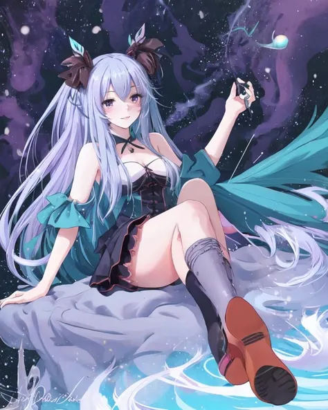 dal, 2d, anime, flat color, (intricate detail:1.2), 1girl, aki_(prdx85), aqua_eyes, aqua_hair, bad_id, bad_pixiv_id, belt, bracelet,, hatsune_miku, high_heels, jewelry, long_hair, looking_at_viewer, paper, pencil, shoes, skirt, solo, very_long_hair, vocaloid, watch, black chocolate theme,