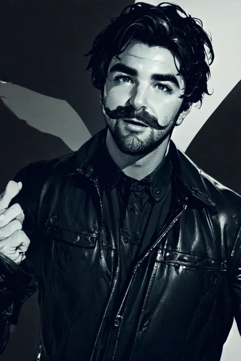 <lyco:Alex_Brightman:0.7> Alex Brightman, 1boy, male focus, shirt, solo, facial hair, open mouth, jacket, blue shirt, upper body, black hair, looking at viewer, black jacket, collared shirt, hands up, beard, long sleeves, middle finger, grey background, open clothes, black eyes, wide-eyed, simple background, short hair, dress shirt, mustache, leather jacket, leather, open jacket, stubble, rule of thirds, best light and shadow,