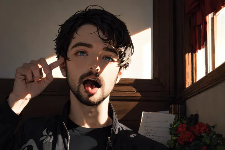 <lora:Alex_Brightman:.7>Alex Brightman, ((masterpiece)),1boy, solo, jacket, male focus, facial hair, tongue, tongue out, open mouth, stubble,  short hair,  beard, sunglasses, black jacket, black hair, shirt, \m/,  double \m/,  upper body, hands up, \n/, grey shirt, smile, graffiti, open jacket, rule of thirds, best light and shadow, (beautiful detailed eyes), (extremely detailed),((best quality)), dynamic angle, rim lighting,