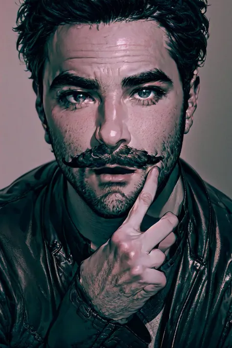 <lyco:Alex_Brightman:0.7> Alex Brightman, 1boy, male focus, shirt, solo, facial hair, open mouth, jacket, blue shirt, upper body, black hair, looking at viewer, black jacket, collared shirt, hands up, beard, long sleeves, middle finger, grey background, open clothes, black eyes, wide-eyed, simple background, short hair, dress shirt, mustache, leather jacket, leather, open jacket, stubble, rule of thirds, best light and shadow,