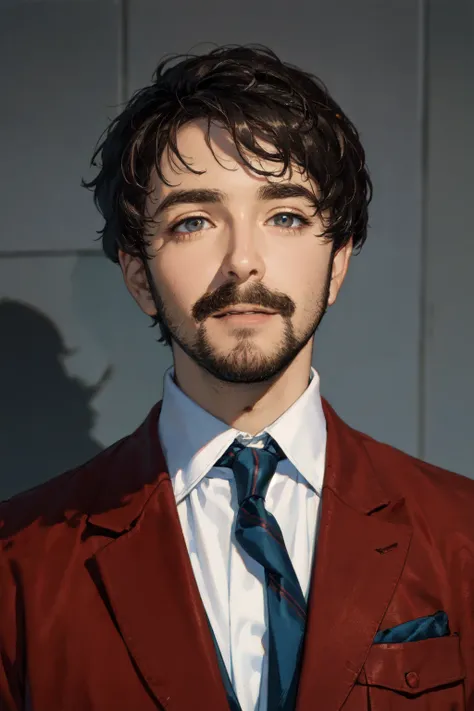 <lora:Alex_Brightman:.7> Alex Brightman, ((masterpiece)),1boy, male focus, facial hair, necktie, shirt, beard, white shirt, realistic, solo, smile, looking at viewer, afro, disheveled hair, collared shirt, jacket, red necktie, black hair, upper body, teeth, brown eyes, tattoo, short hair, mustache, portrait, black jacket, jewelry, striped, vest, rule of thirds, best light and shadow, (beautiful detailed eyes), (extremely detailed),((best quality)), rim lighting,