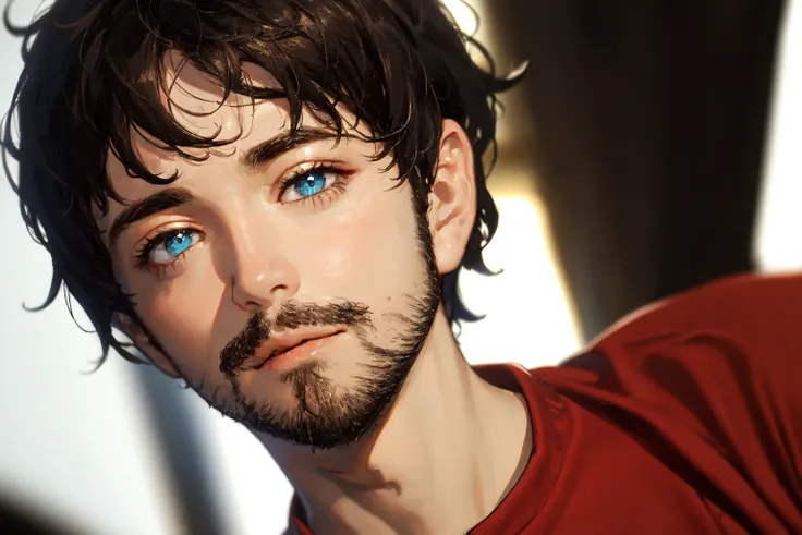 <lora:Alex_Brightman:.7>Alex Brightman, ((masterpiece)),1boy, male focus, shirt, red shirt, facial hair, beard, blurry background, short hair, black hair, upper body, solo,looking to the side, brown eyes, rule of thirds, best light and shadow, (beautiful detailed eyes), (extremely detailed),(citypunk:.8),((best quality)), dynamic angle, rim lighting,