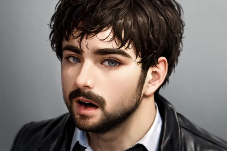 <lora:Alex_Brightman:.7> Alex Brightman, ((masterpiece)),1boy, male focus, shirt, solo, facial hair, open mouth, jacket, blue shirt, upper body, black hair, looking at viewer, black jacket, collared shirt, hands up, beard, long sleeves, middle finger, grey background, open clothes, black eyes, wide-eyed, simple background, short hair, realistic, dress shirt, mustache, leather jacket, leather, open jacket, stubble, rule of thirds, best light and shadow, ((grunge aesthetic)), (beautiful detailed eyes), (extremely detailed),((best quality)), rim lighting,