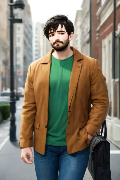 <lora:Alex_Brightman:.7> Alex Brightman, ((masterpiece)), male focus, facial hair, 1boy, denim, jeans, shirt, pants, holding, beard, jacket, black hair, brown jacket, plaid shirt, blurry background, short hair, open clothes, holding paper, solo, blue pants, standing, mustache,plaid, paper, plaid jacket, hand on own chest, parted lips, black eyes, green shirt, rule of thirds, best light and shadow, ((grunge aesthetic)), (beautiful detailed eyes), (extremely detailed),((best quality)), rim lighting,