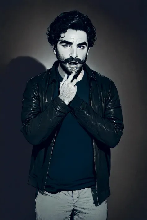 <lyco:Alex_Brightman:.7> Alex Brightman, ((masterpiece)),1boy, male focus, shirt, solo, facial hair, open mouth, jacket, blue shirt, upper body, black hair, looking at viewer, black jacket, collared shirt, hands up, beard, long sleeves, middle finger, grey background, open clothes, black eyes, wide-eyed, simple background, short hair, realistic, dress shirt, mustache, leather jacket, leather, open jacket, stubble, rule of thirds, best light and shadow, ((grunge aesthetic)), (beautiful detailed eyes), (extremely detailed),((best quality)), rim lighting,